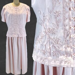 VINTAGE 80s pastel‎ pink long maxi dress short sleeve button bodice embroidered